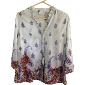 Chicos top Womens SIze L size 2 Paisley Print Tunic Blouse Pearl Sequin Button